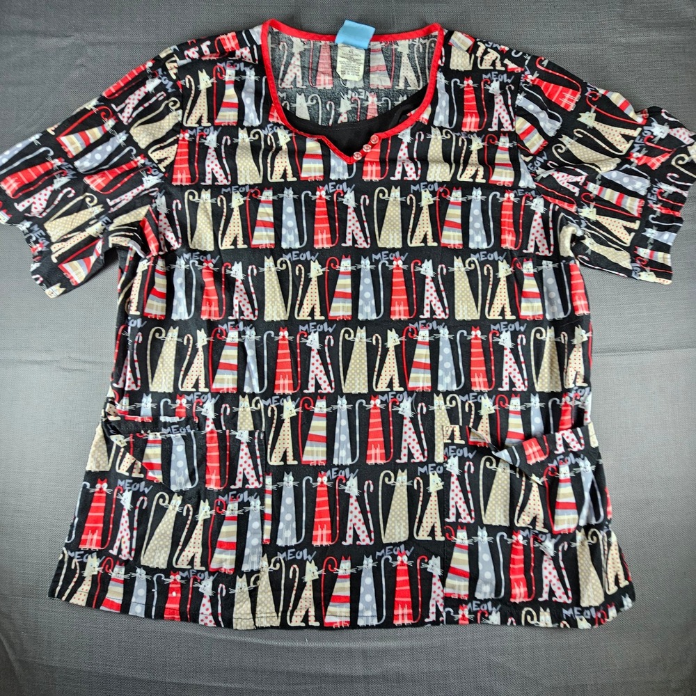 Scrub HQ Women's XL Black Red Cat Meow Print Scrub Top V-Neck Button Accent